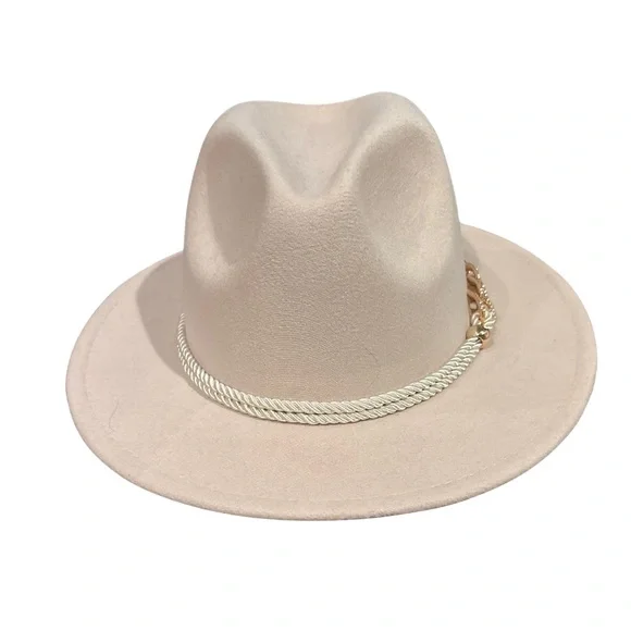 🤍✨Felt Fedora Hat- Cream/Light Beige w/ Gold Rhinestone Chain Band – MSRP $58 - Picture 1 of 5